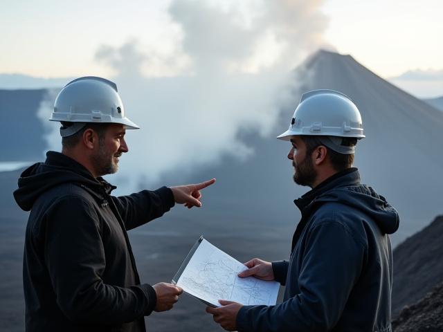 Geologen beraten vor einem aktiven Vulkan mit Dampfwolken